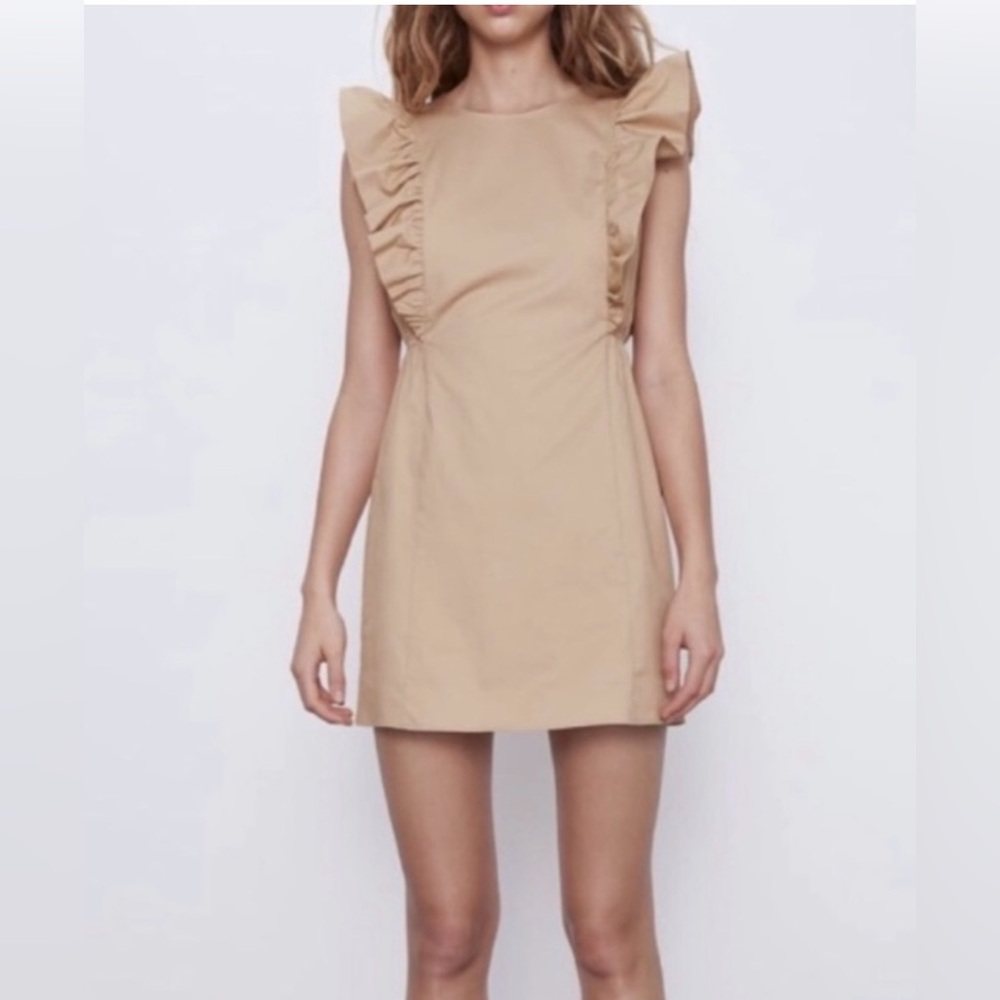 Zara Women’s XS Tan Ruffle Sleeve Mini Dress